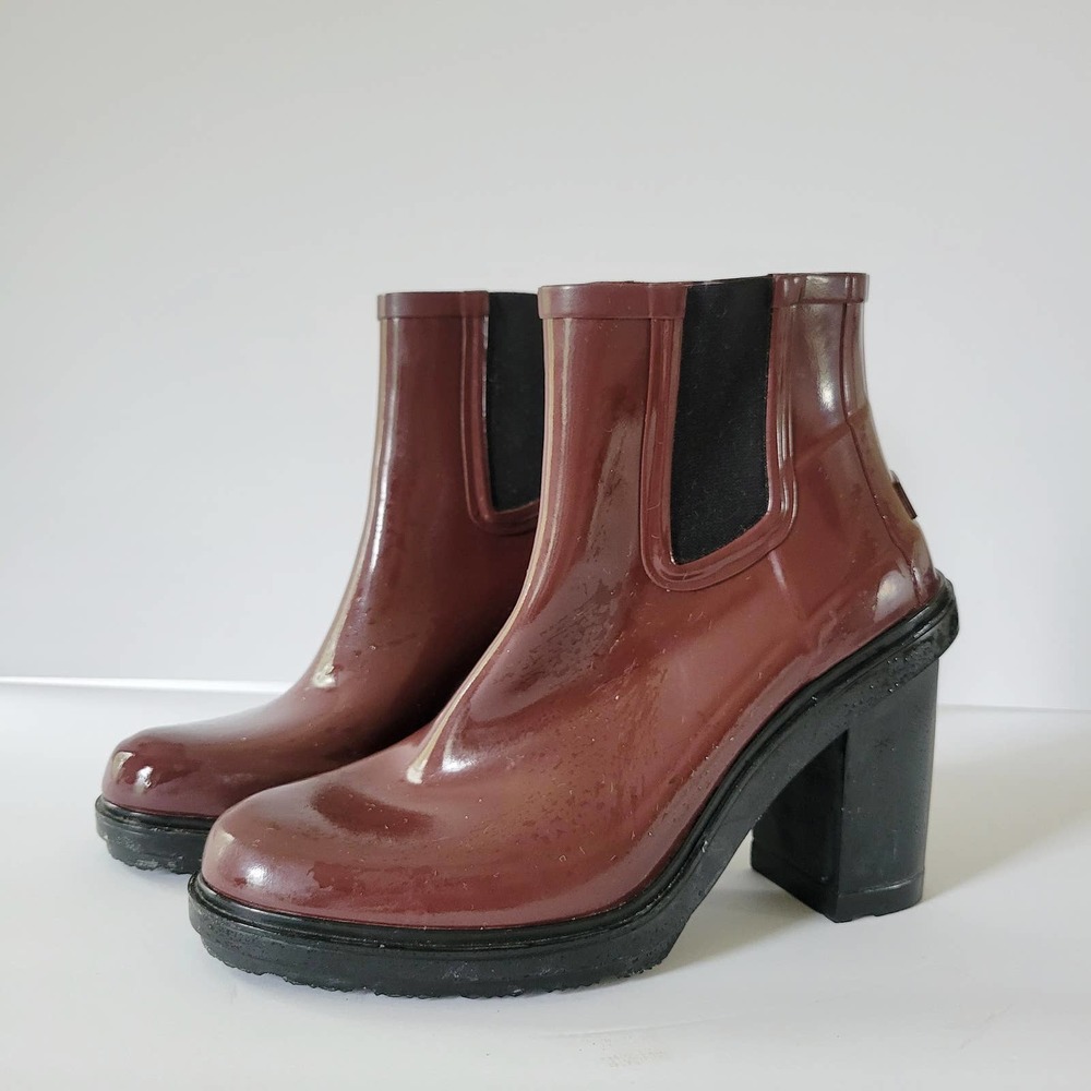 Maroon Red Chelsea Hunter Mid Ankle High Heeled Rain Boot